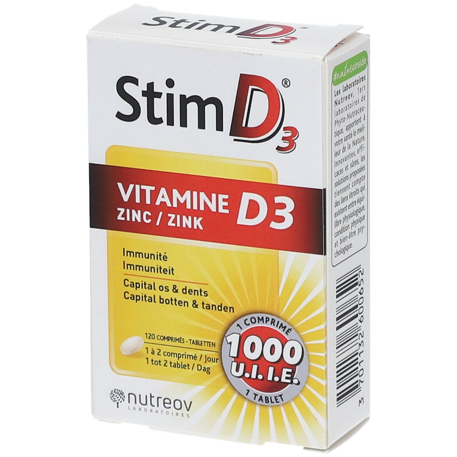 Boîte de Stim D3, vitamine D3 et zinc. Contient 120 comprimés. 1000 U.I.E. par comprimé.