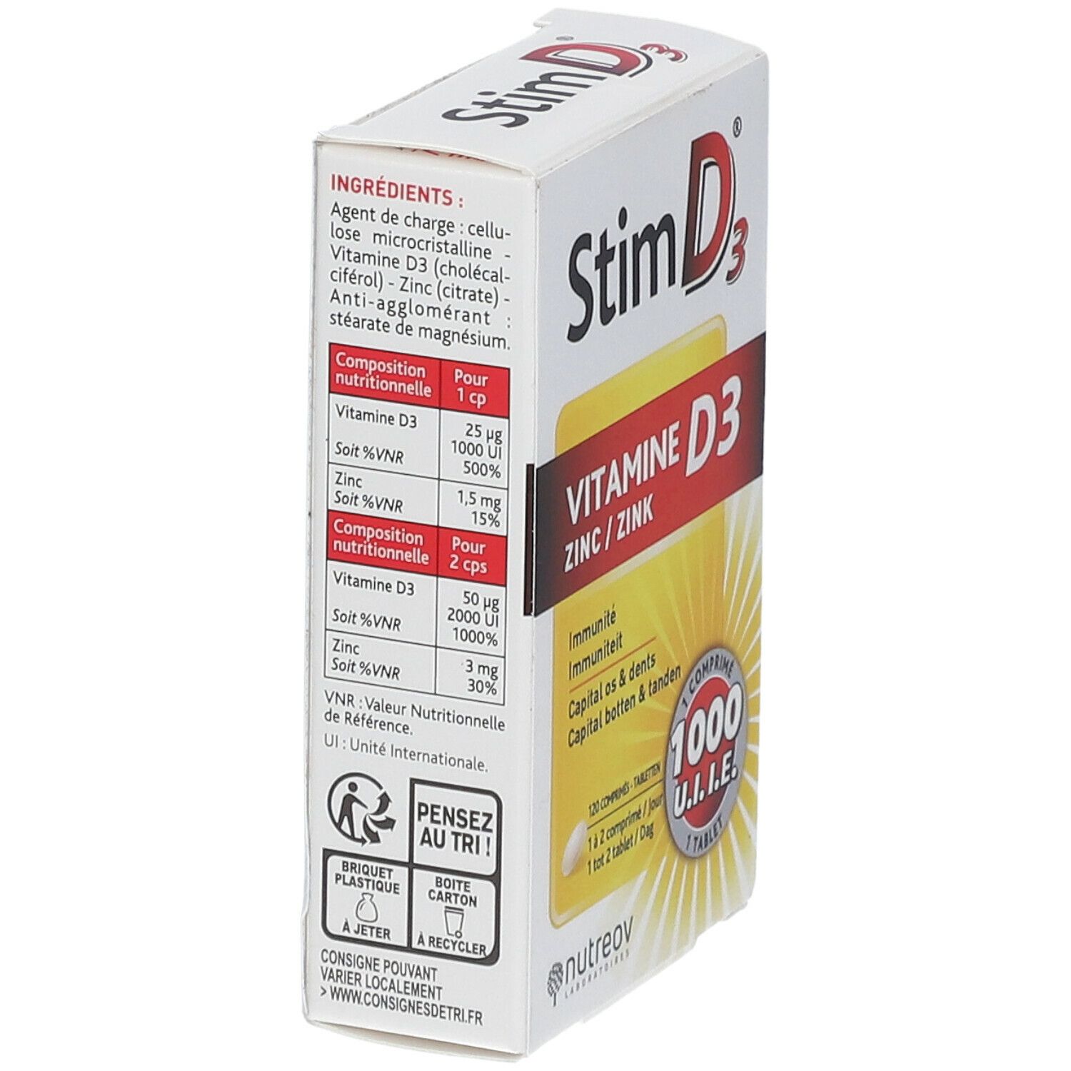 Dos de la boîte Stim D3. Contient des informations sur les ingrédients et les valeurs nutritionnelles. Avec symboles de recyclage.
