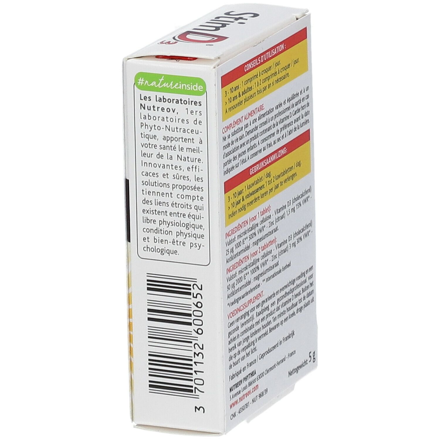 Vue latérale de la boîte Stim D3. Contient des informations sur la marque et les ingrédients.