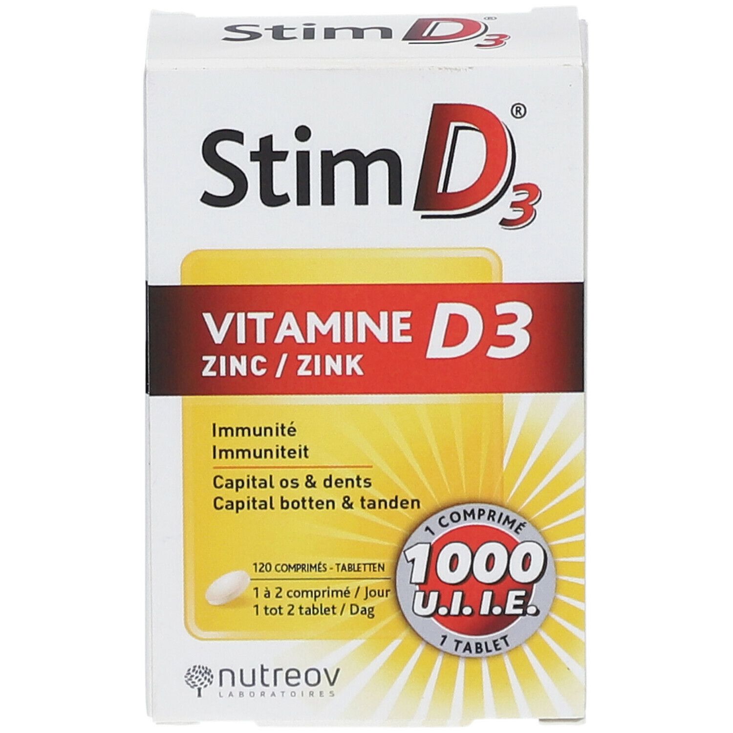 Boîte Stim D3 avec vitamine D3 et zinc. Contient 120 comprimés. 1000 U.I.E. par comprimé.