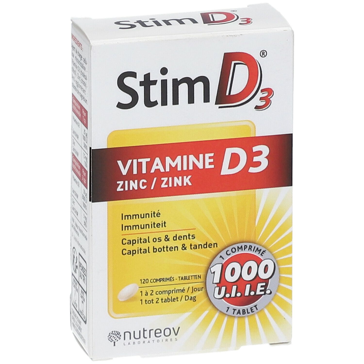 Boîte Stim D3 avec vitamine D3 et zinc. Contient 120 comprimés. 1000 U.I.E. par comprimé.