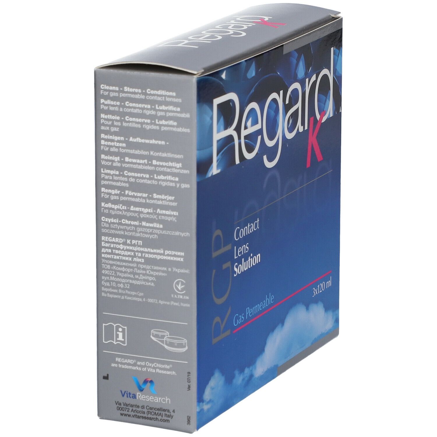 Verpakking van Regard K. Blauwe en grijze doos met productnaam en tekst. Bevat 2x120 ml.