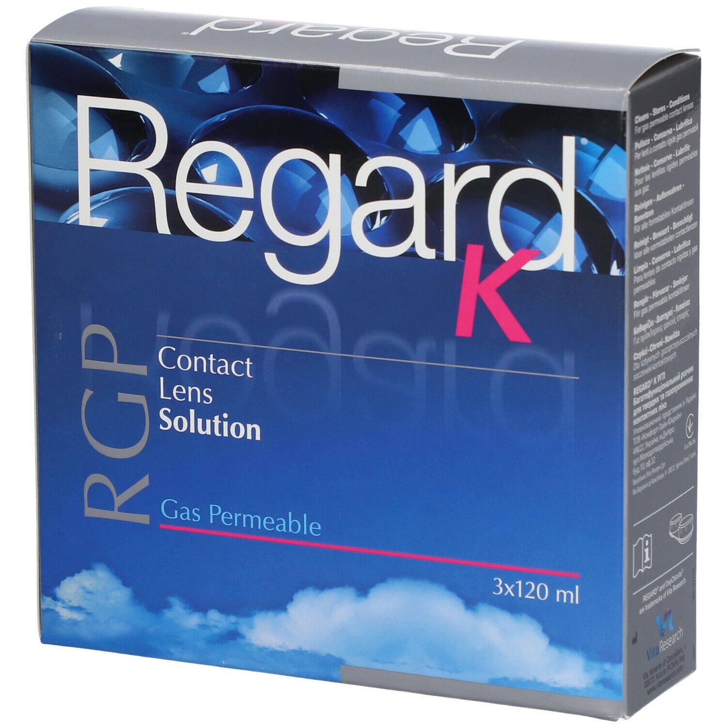 Regard K verpakking. Blauwe doos met productnaam en tekst. Bevat 3x120 ml.