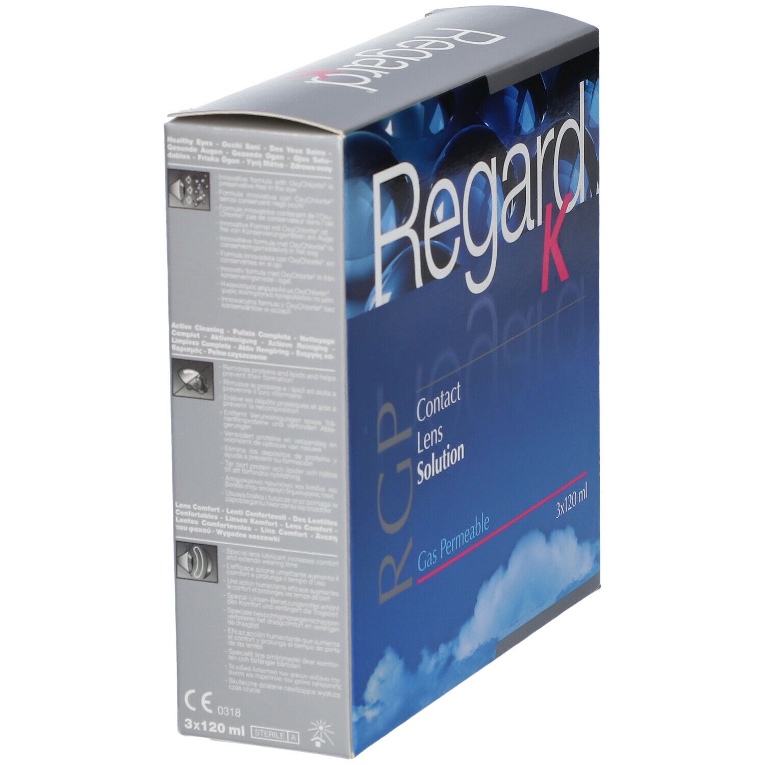 Regard K verpakking. Blauwe doos met productnaam en tekst. Bevat 2x120 ml.