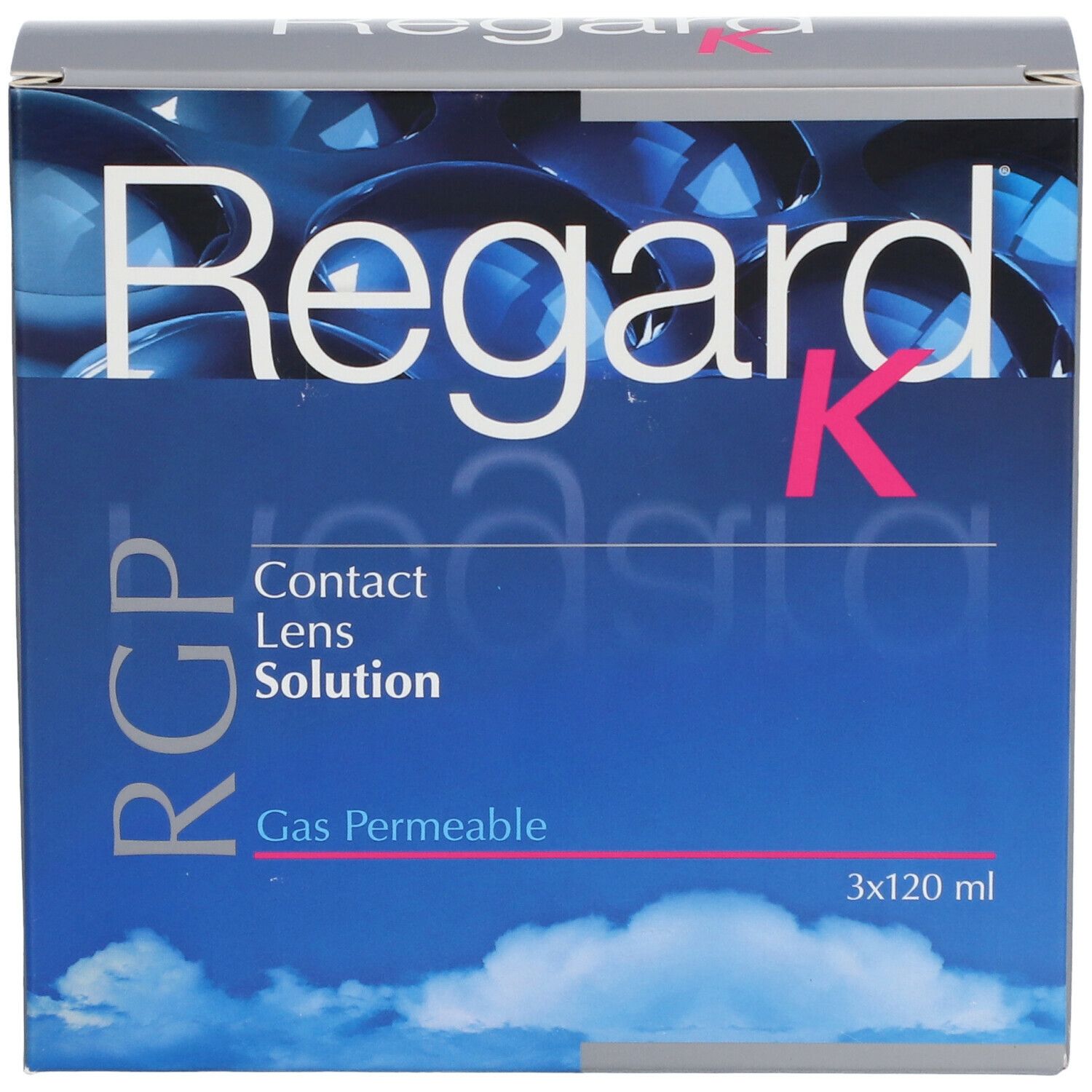 Regard K verpakking. Blauwe doos met productnaam en tekst. Bevat 3x120 ml.