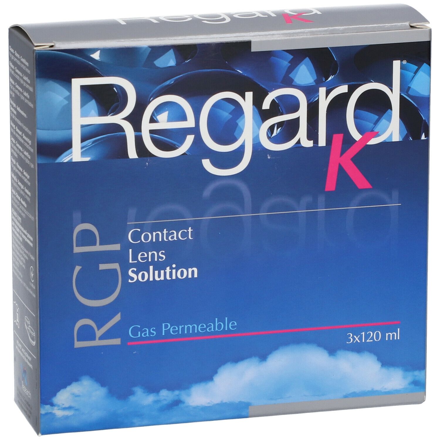 Regard K verpakking. Blauwe doos met productnaam en tekst. Bevat 3x120 ml.