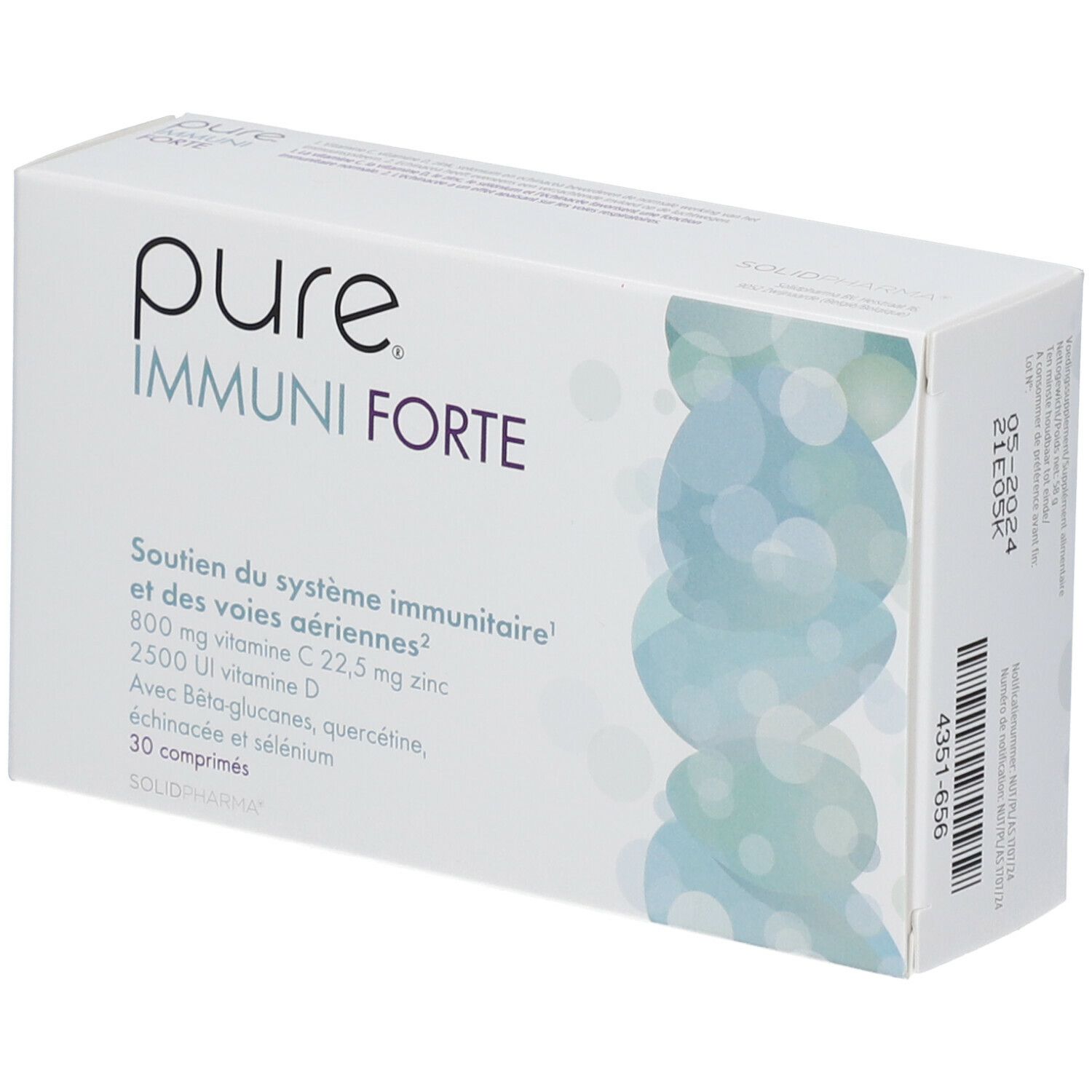 Witte doos "pure IMMUNI FORTE". Bevat 30 tabletten. Informatie over vitaminen en mineralen.