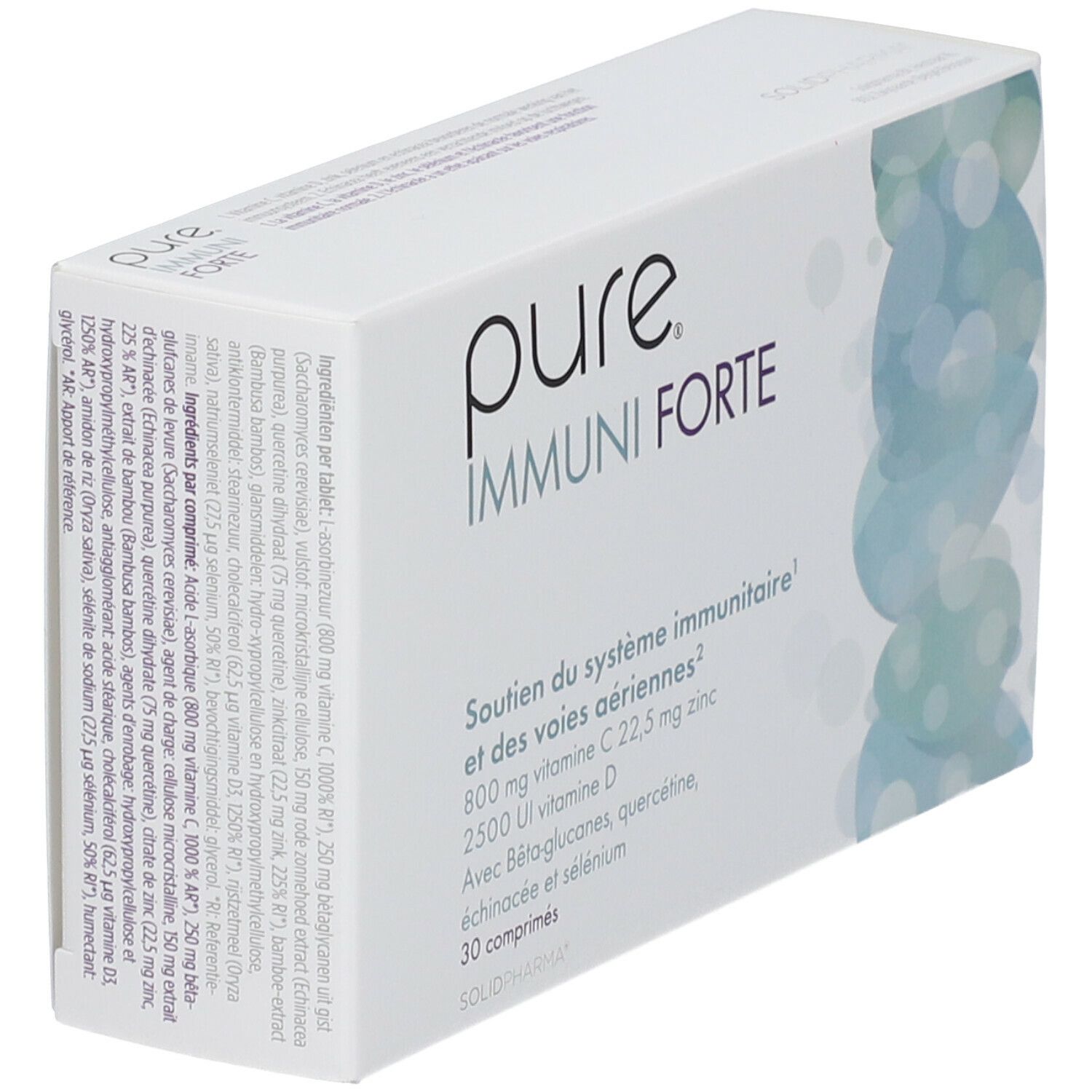 Witte doos "pure IMMUNI FORTE". Ingrediënten en voedingswaarde-informatie op de zijkant. 30 tabletten.