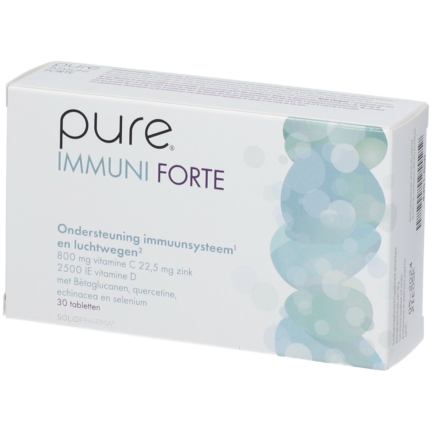 Witte doos "pure IMMUNI FORTE". Bevat 30 tabletten. Informatie over vitaminen en mineralen.