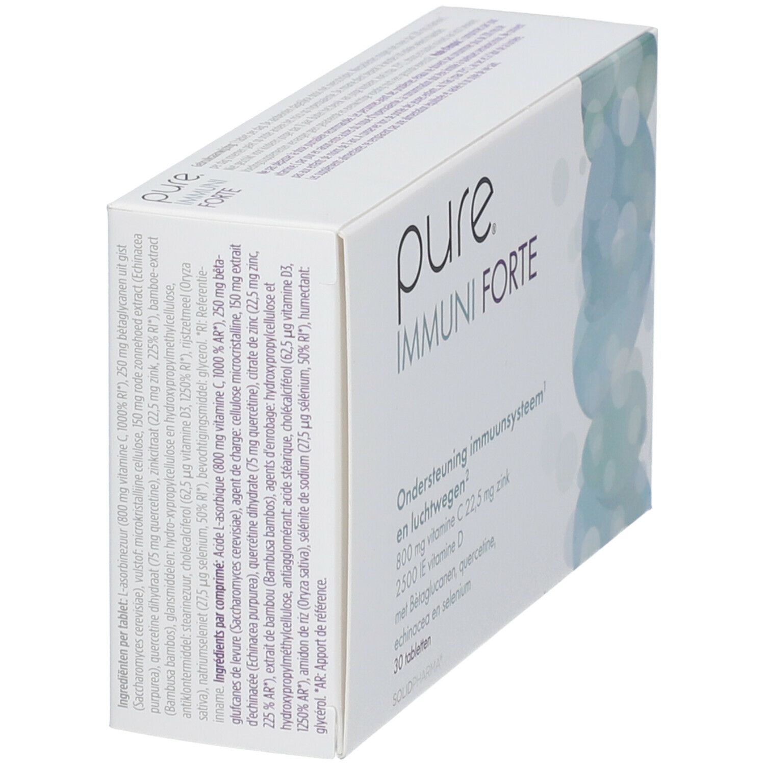 Witte doos "pure IMMUNI FORTE". Ingrediënten en voedingswaarde-informatie op de zijkant. 30 tabletten.