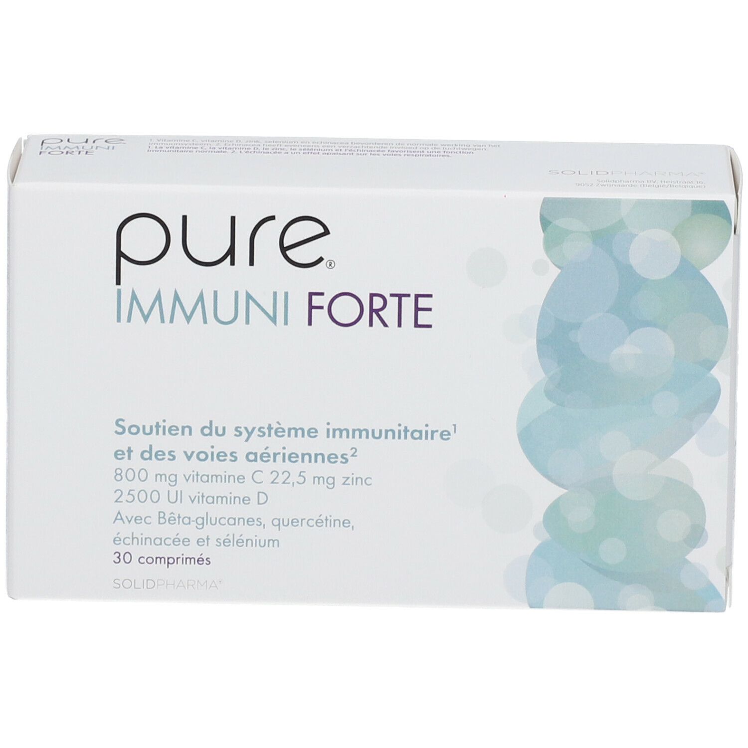Witte doos "pure IMMUNI FORTE". Bevat 30 tabletten. Informatie over vitaminen en mineralen.