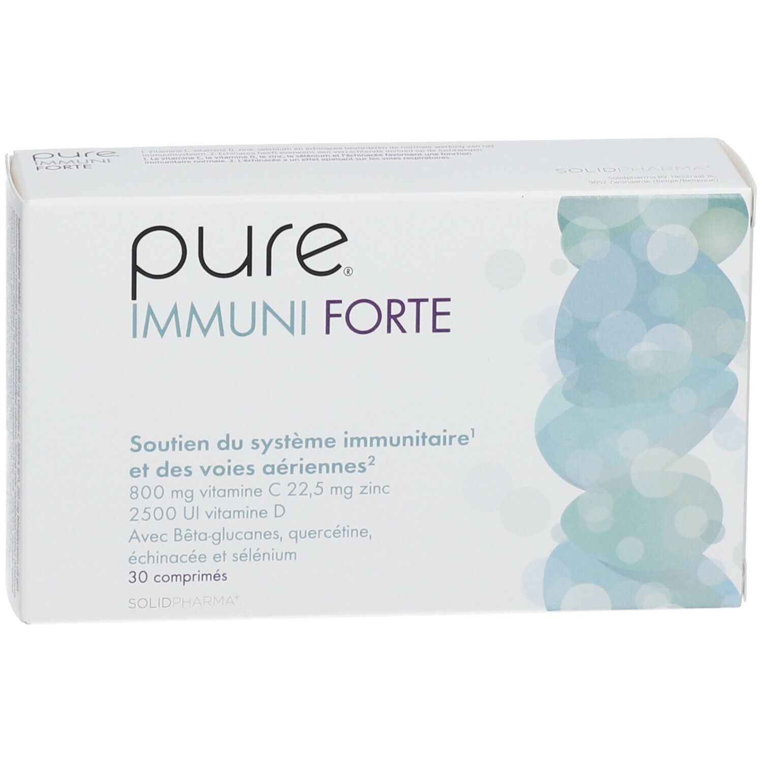Witte doos "pure IMMUNI FORTE". Bevat 30 tabletten. Informatie over vitaminen en mineralen.