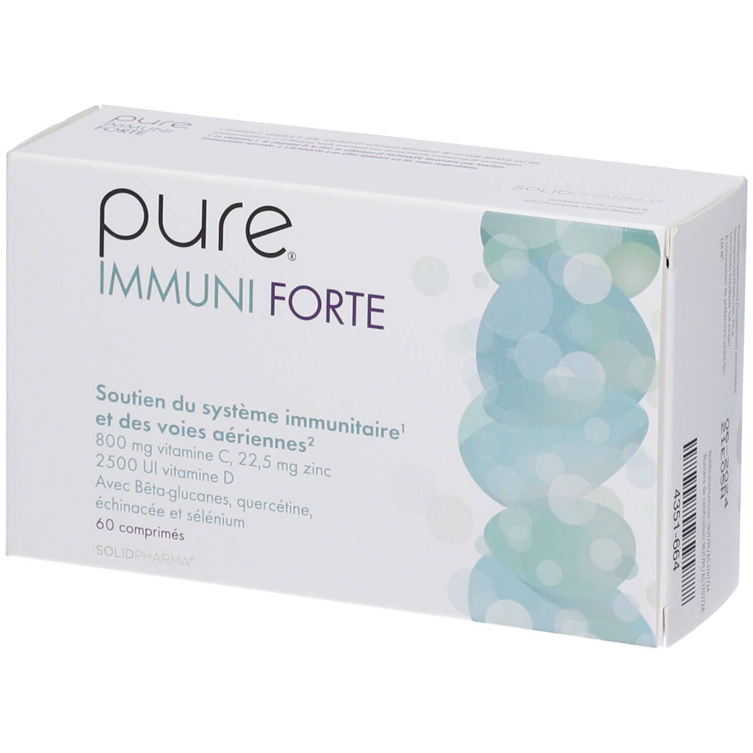 Witte doos "pure Immuni Forte". Bevat 60 tabletten. Tekst: "Soutien du système immunitaire et des voies aériennes".