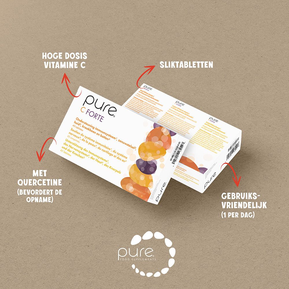 Doosje pure® C Forte. Opschrift en gekleurde cirkels. 45 tabletten.