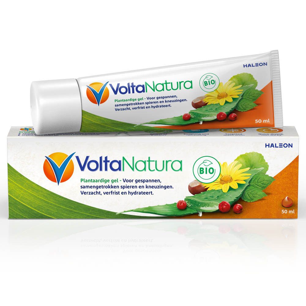 Verpakking en tube. Verpakking en tube: wit, blauw, groen, oranje. Opschrift: VoltaNatura, Bio-label.