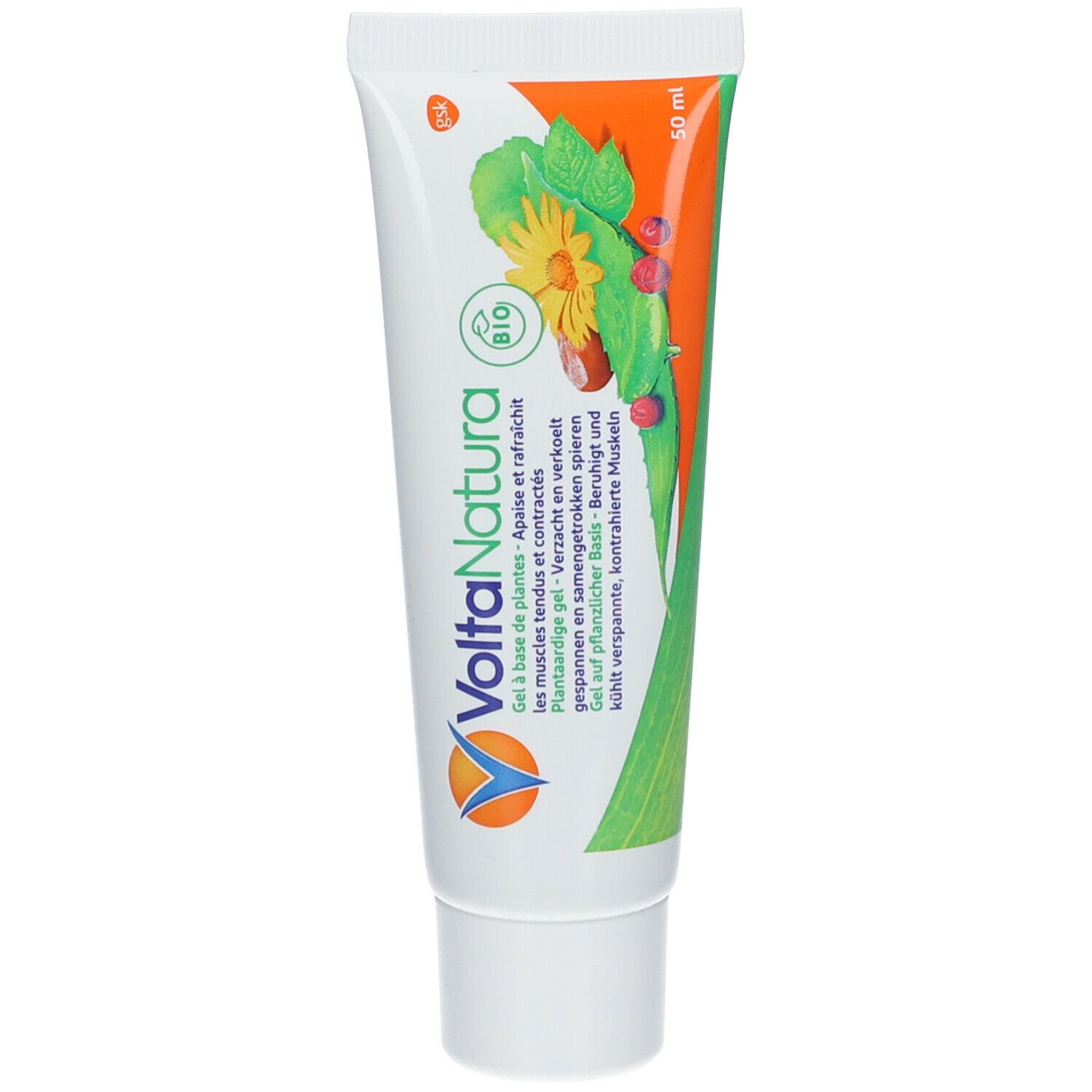 Witte en blauwe tube met opdruk. Groen-oranje illustraties. Opschrift: VoltaNatura, Bio-label.