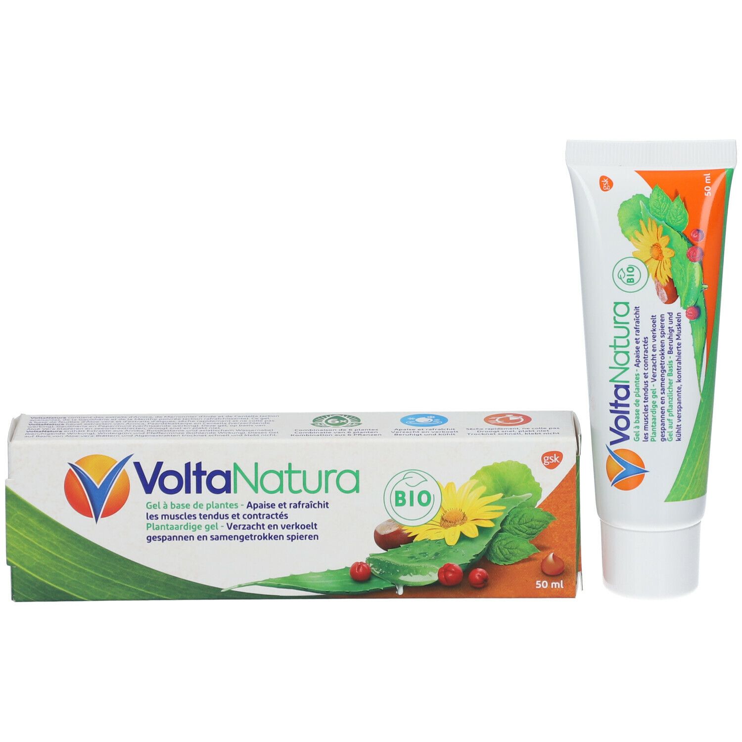 Verpakking en tube. Verpakking: wit, groen, oranje. Tube: wit, blauw. Opschrift: VoltaNatura, Bio-label.