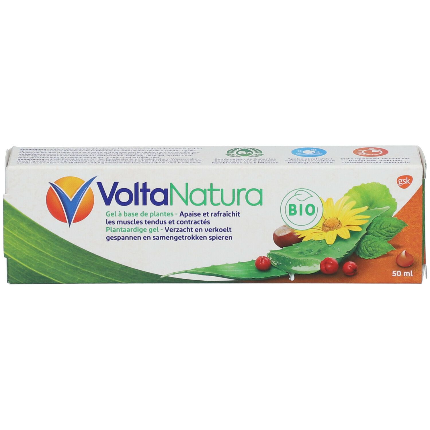 Productverpakking. Wit, groen, oranje. Opschrift: VoltaNatura, Bio-label. Illustraties van planten.