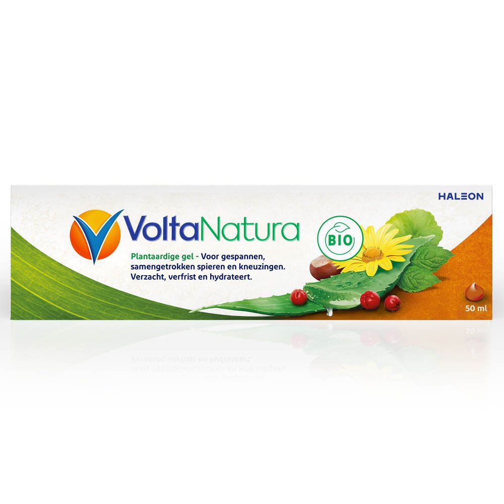 Productverpakking. Wit, groen, oranje. Opschrift: VoltaNatura, Bio-label. Illustraties van planten.