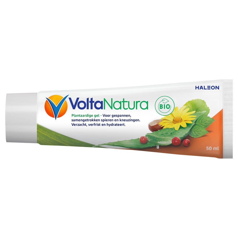 Tube en verpakking. Tube: wit, blauw. Verpakking: wit, groen, oranje. Opschrift: VoltaNatura, Bio-label.