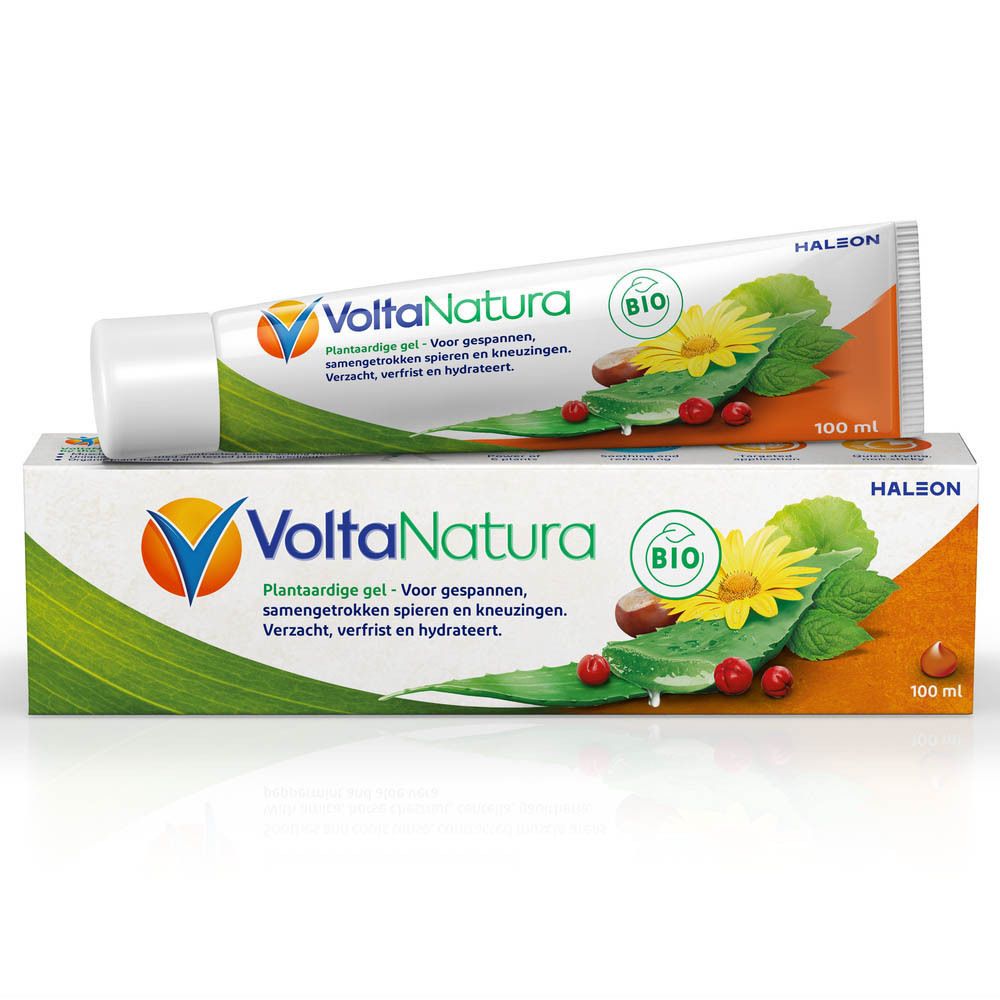 VoltaNatura gel en verpakking. Tube en doos met plantenafbeeldingen en tekst. 100 ml.