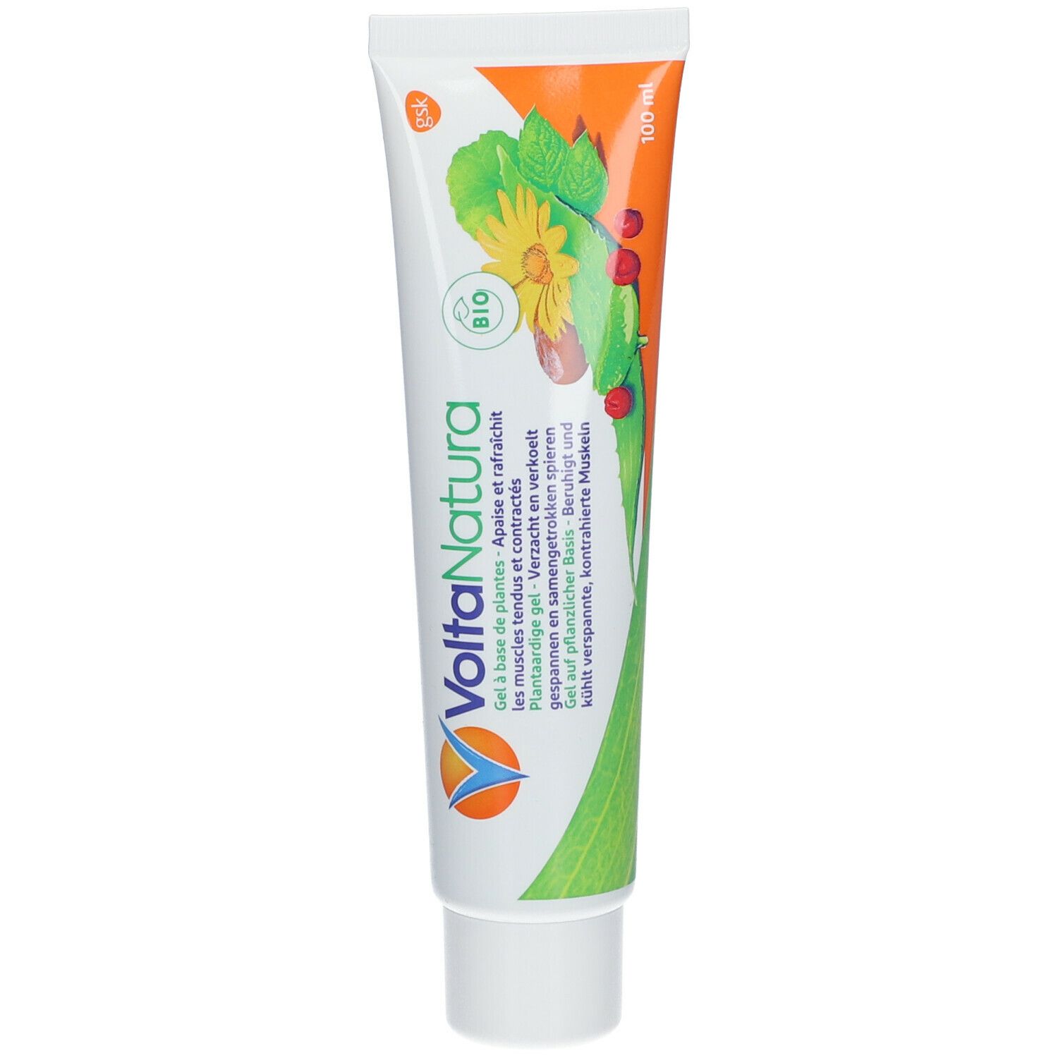 Tube VoltaNatura gel. Opdrukken: bio-logo, plantenafbeeldingen, tekst. 100 ml.