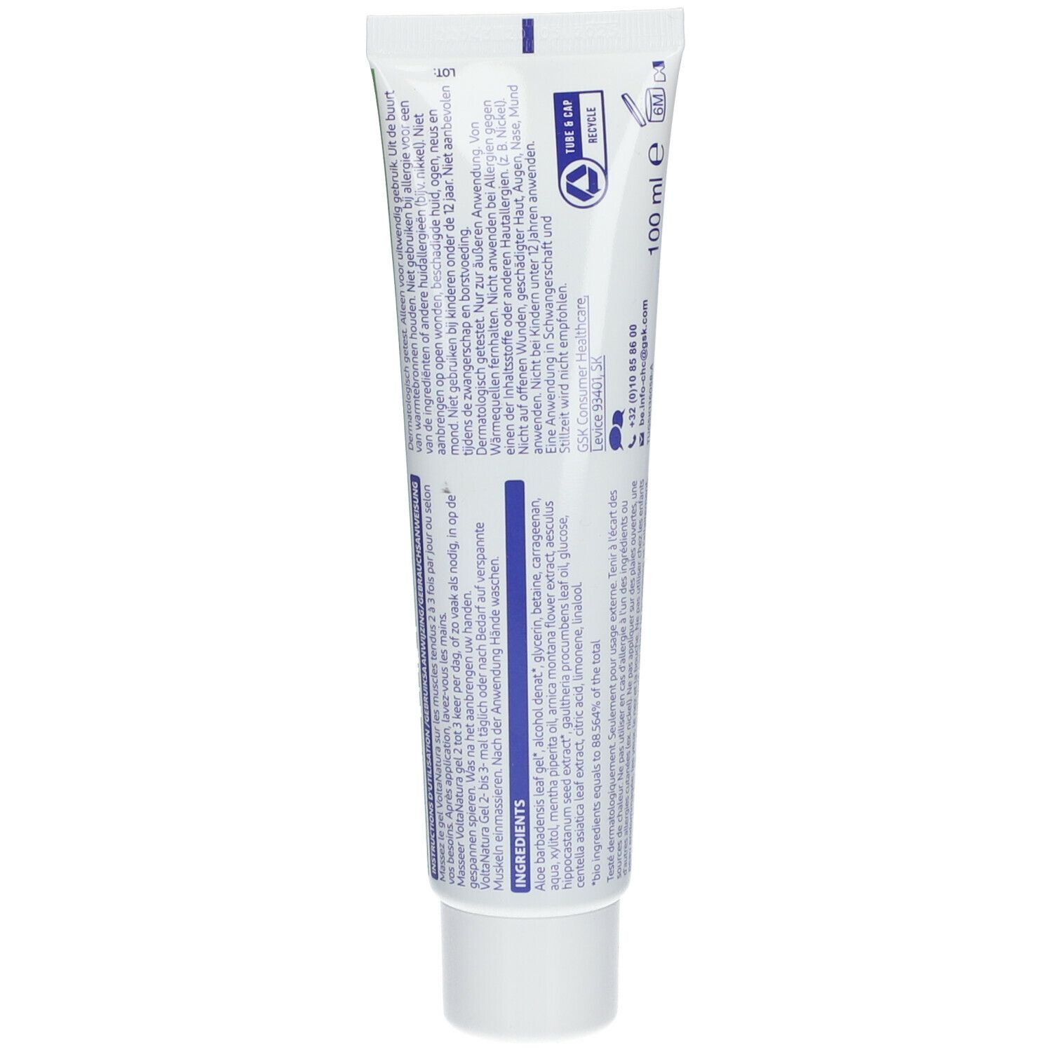 Achterkant van de tube met tekst en logo's. Ingrediënten, recycling symbool, lotnummer, 100 ml.