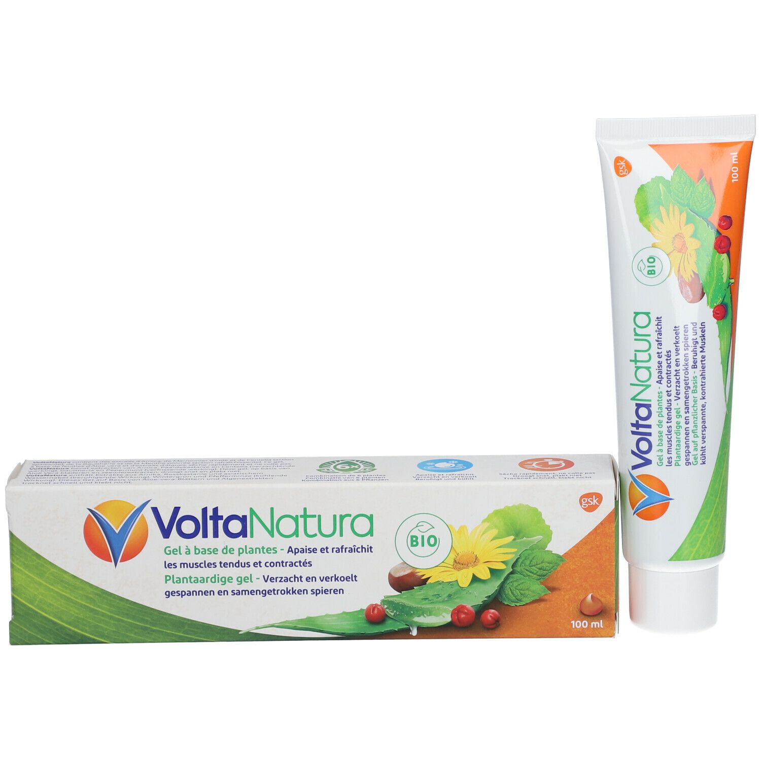VoltaNatura gel en verpakking. Tube en doos met plantenafbeeldingen en tekst. 100 ml.