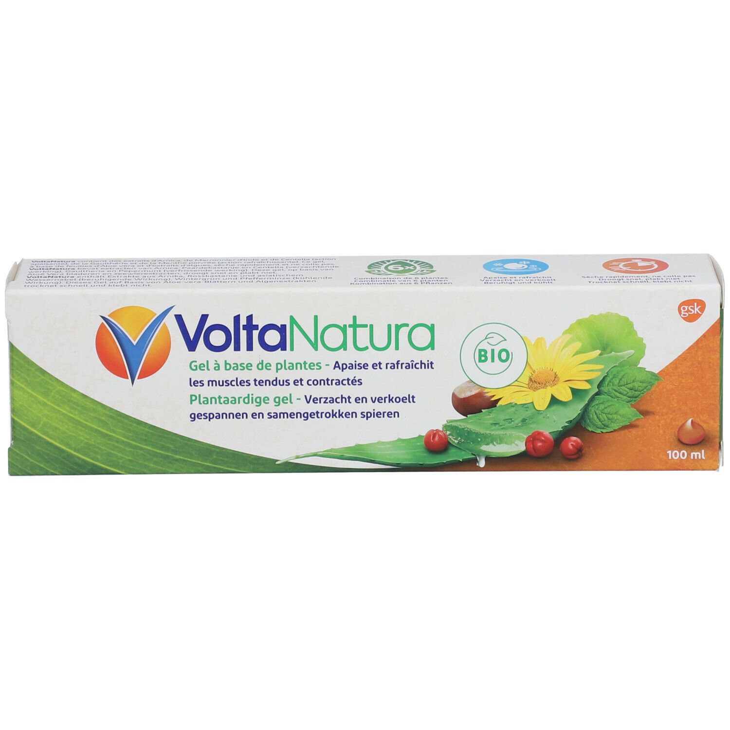 Verpakking van VoltaNatura gel. Doos met plantenafbeeldingen, tekst en bio-logo. 100 ml.
