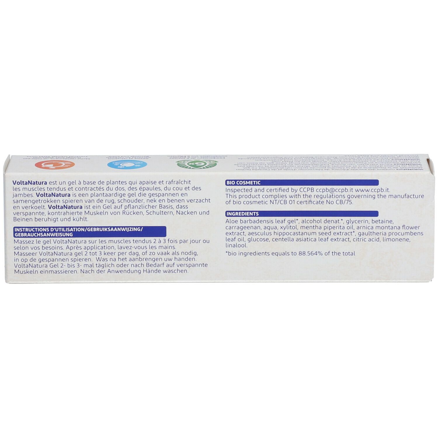 Verpakking van VoltaNatura gel. Tekst met ingrediënten en instructies. Bio cosmetica certificering.