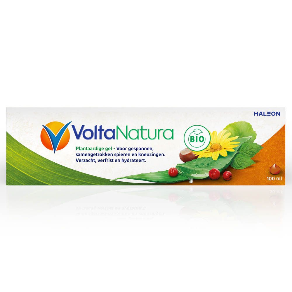 Verpakking van VoltaNatura gel. Doos met plantenafbeeldingen en tekst. 100 ml.