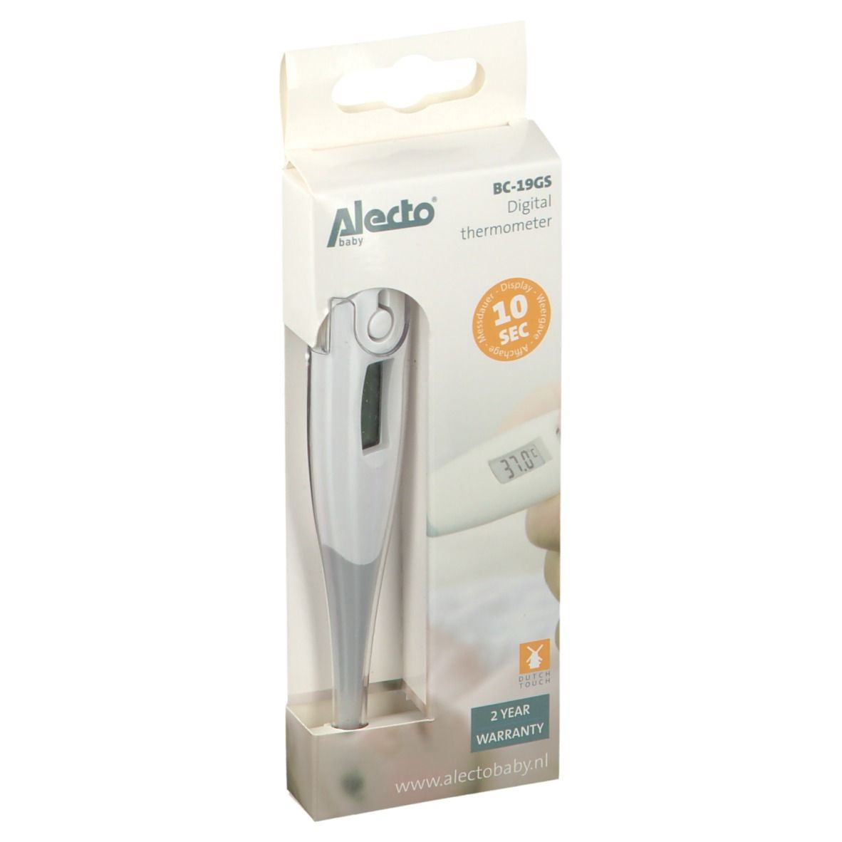 Alecto digitale thermometer in verpakking. Display: 37,0 graden. Meting in 10 seconden. 2 jaar garantie. Wit en grijs.