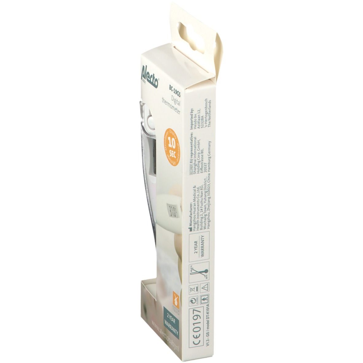 Verpakking van de Alecto digitale thermometer. Opschriften: BC-19GS, Digital thermometer, 10 sec, 2 jaar garantie, CE-markering.