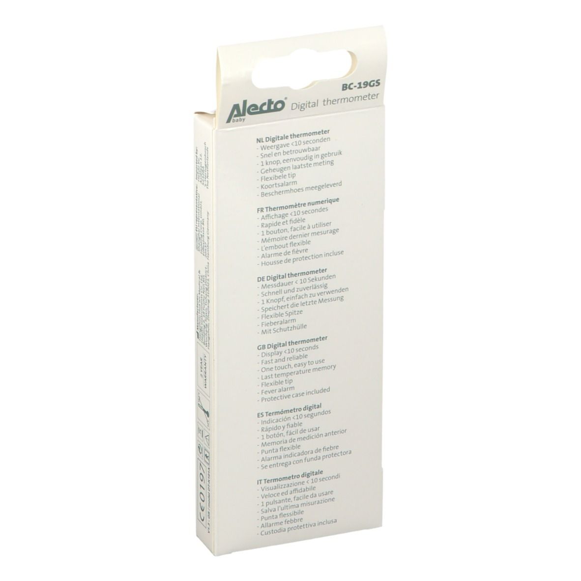 Achterkant van de verpakking van de Alecto digitale thermometer. Meertalige productinformatie. CE-markering.