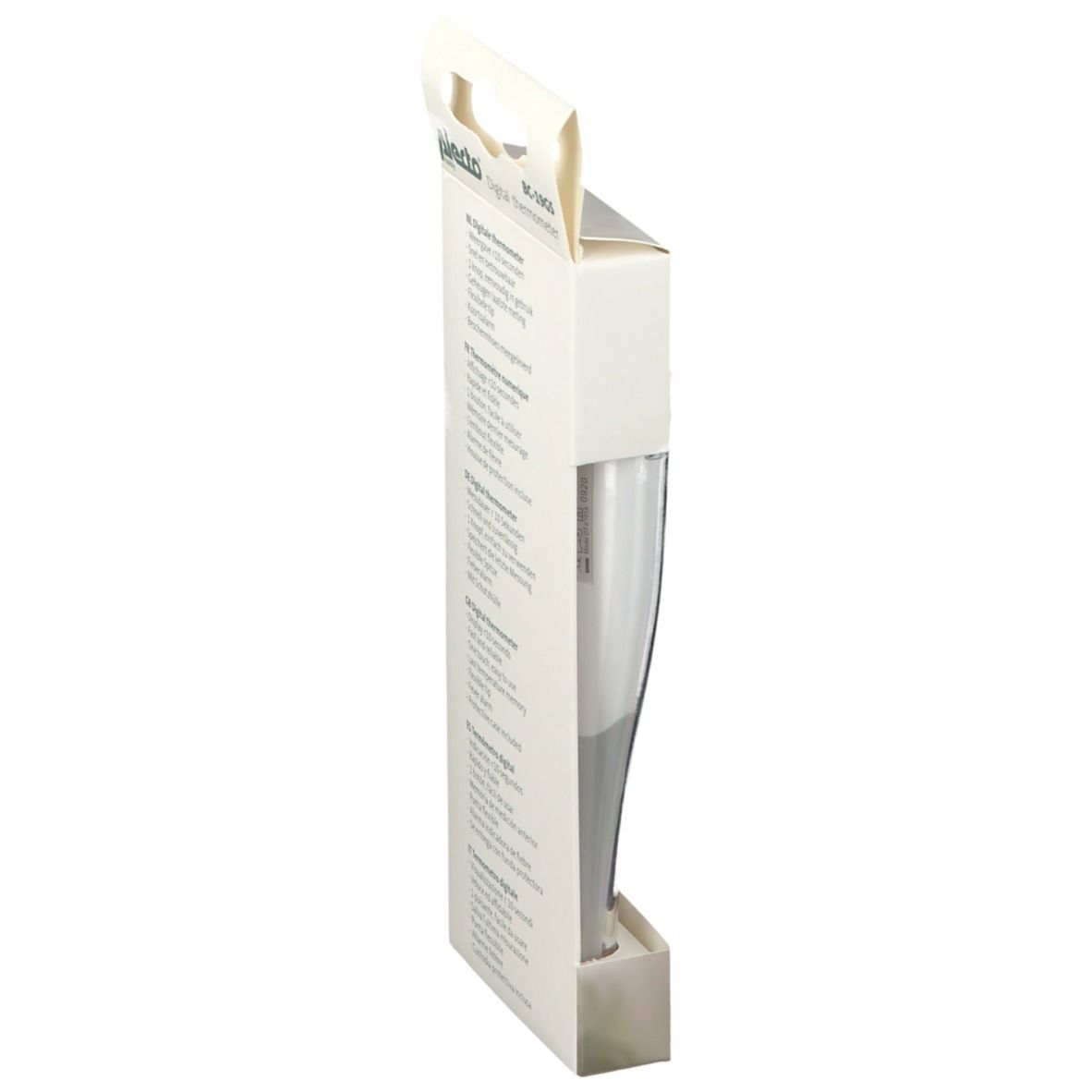 Zijkant van de verpakking van de Alecto digitale thermometer. Productinformatie. CE-markering.