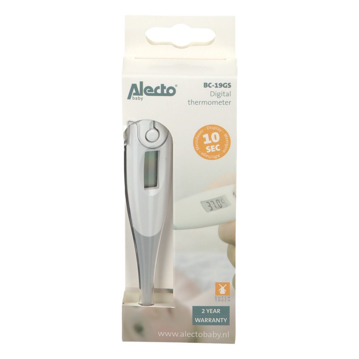 Alecto digitale thermometer in verpakking. Display: 37,0 graden. Meting in 10 seconden. 2 jaar garantie. Wit en grijs.