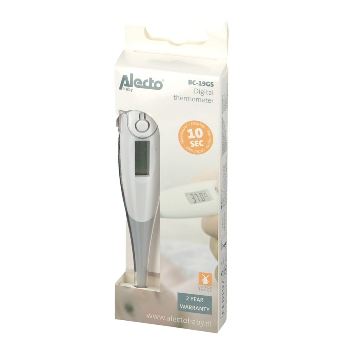Alecto digitale thermometer in verpakking. Display: 37,0 graden. Meting in 10 seconden. 2 jaar garantie. Wit en grijs.
