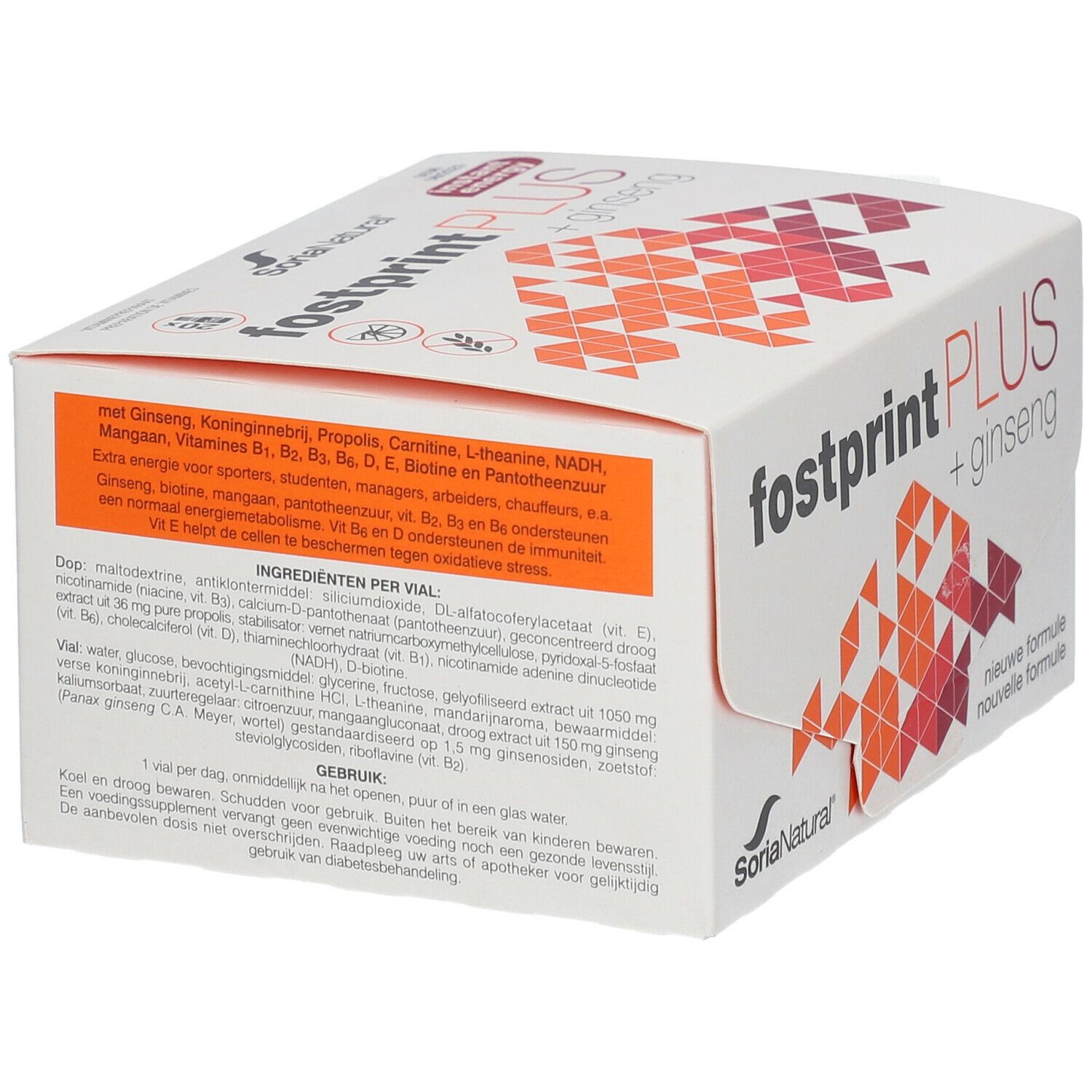 Witte verpakking "fostprint PLUS + ginseng". Bevat ingrediënten. Merk Soria Natural. Geometrisch patroon.