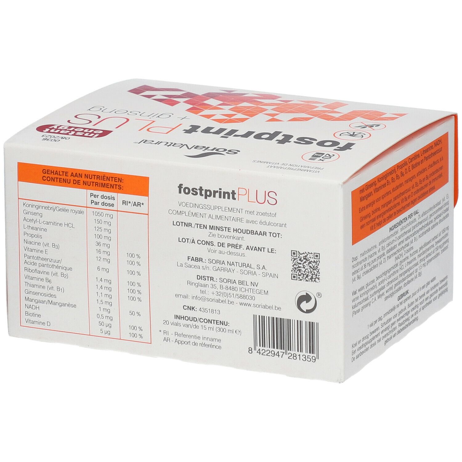 Witte verpakking "fostprint PLUS + ginseng". Voedingswaarde en ingrediënten. Merk Soria Natural.