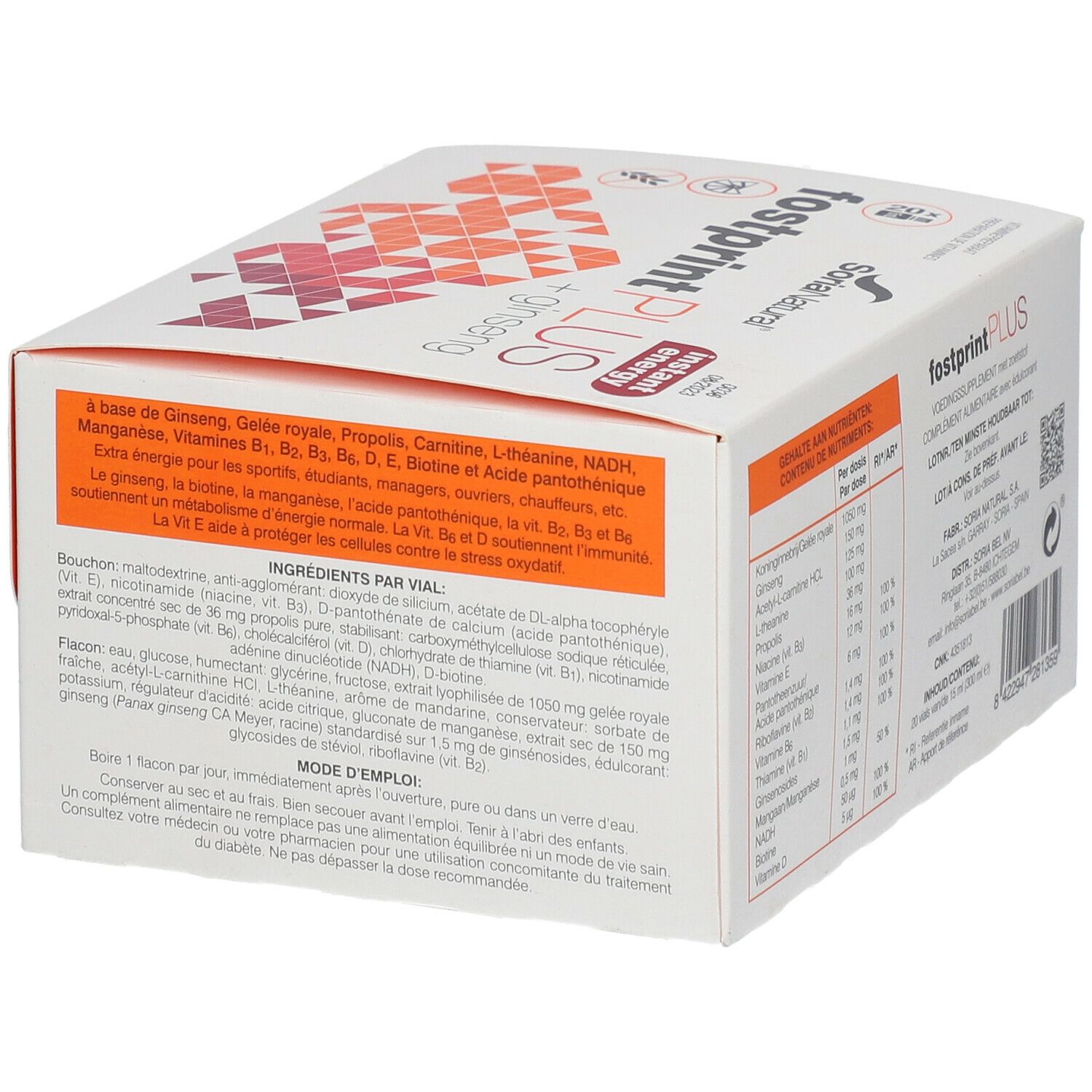 Witte verpakking "fostprint PLUS + ginseng". Ingrediënten en gebruiksaanwijzing. Merk Soria Natural.