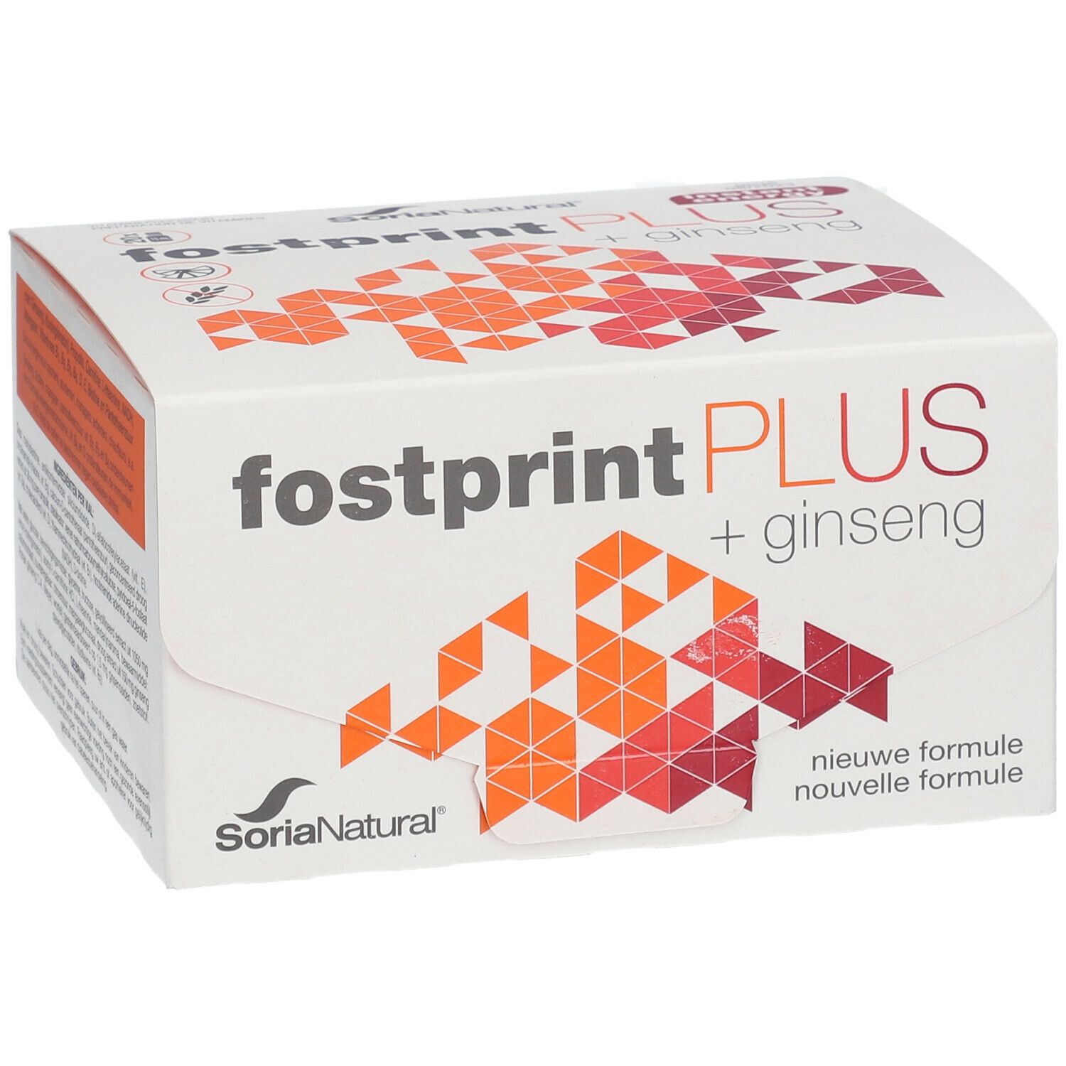 Witte verpakking met "fostprint PLUS + ginseng" logo. Merk Soria Natural. Geometrisch patroon in oranje en rood.