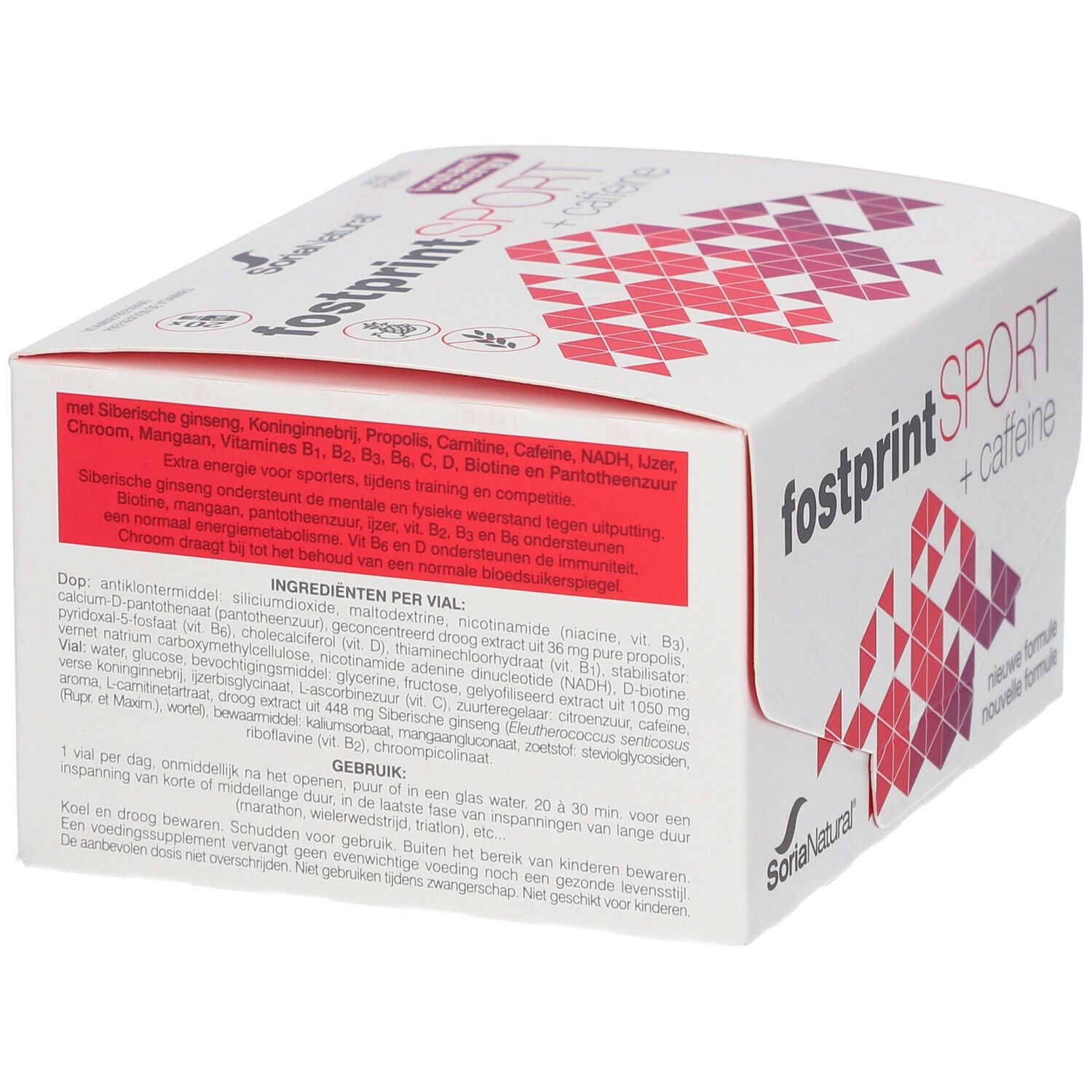 Boîte blanche avec "fostprint SPORT + caffeine". Texte et informations sur l'emballage. Marque Soria Natural.