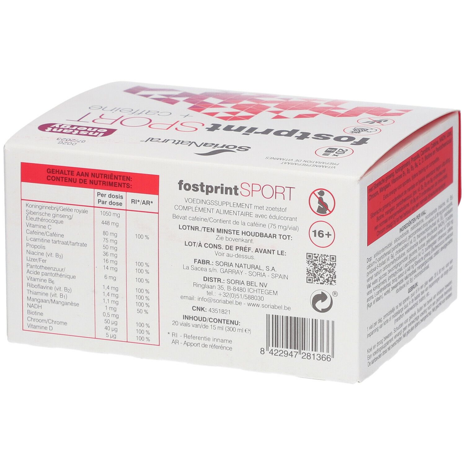 Boîte blanche avec "fostprint SPORT + caffeine". Informations nutritionnelles et ingrédients. Marque Soria Natural.