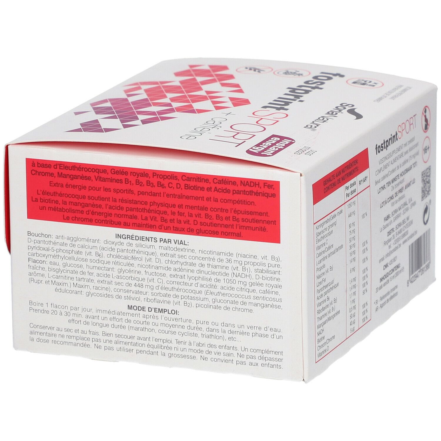 Boîte blanche avec "fostprint SPORT + caffeine". Texte et informations sur l'emballage. Marque Soria Natural.