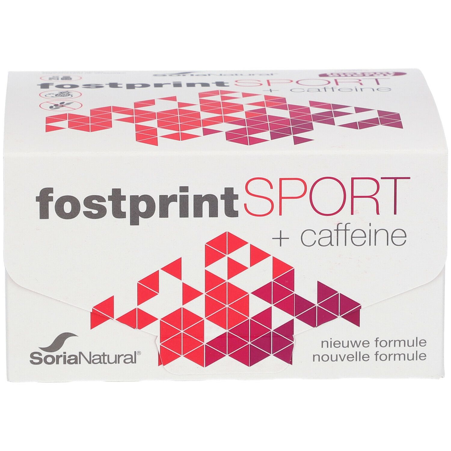 Boîte blanche avec "fostprint SPORT + caffeine". Motifs géométriques rouges et roses. Marque Soria Natural.