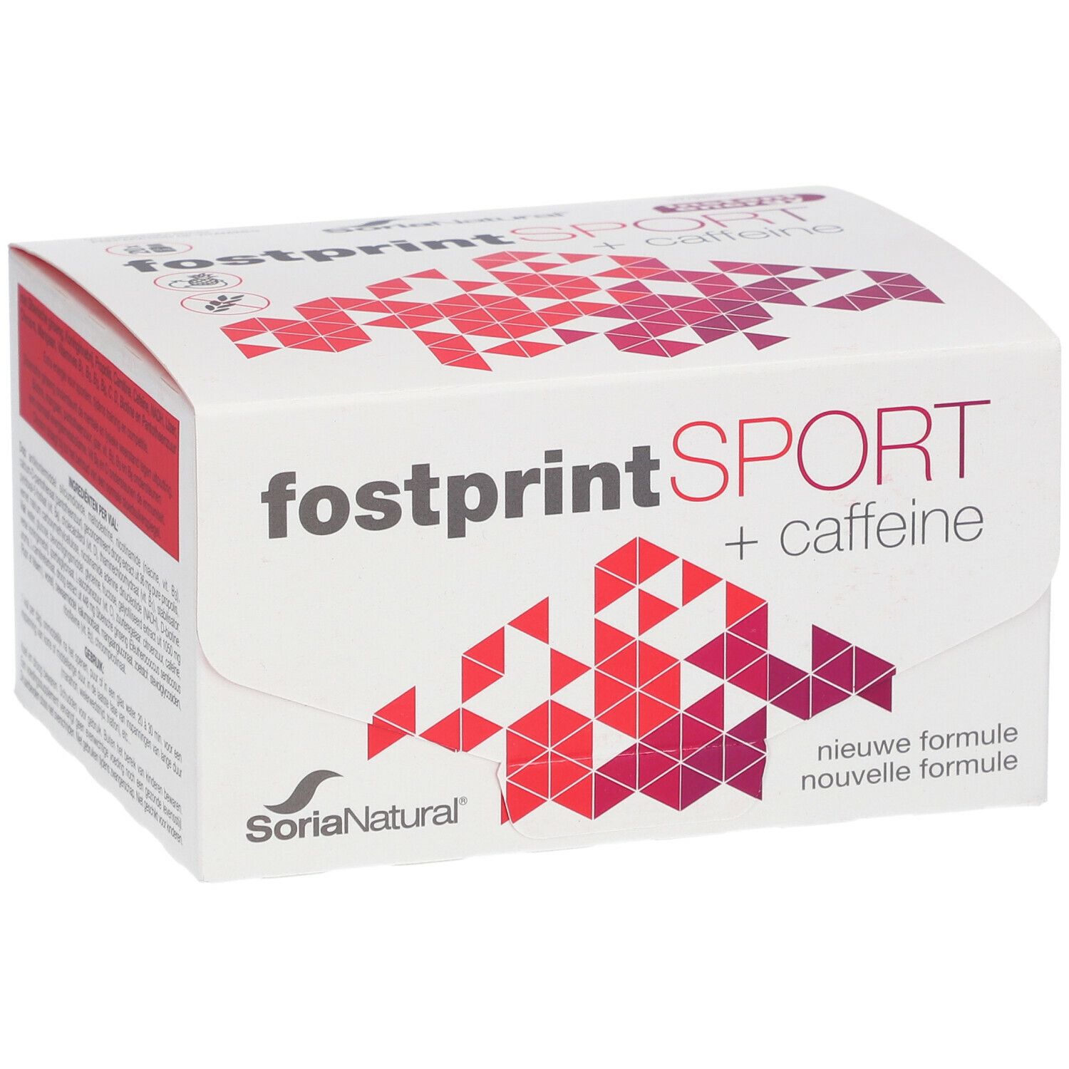 Boîte blanche avec "fostprint SPORT + caffeine". Motifs géométriques rouges et roses. Marque Soria Natural.