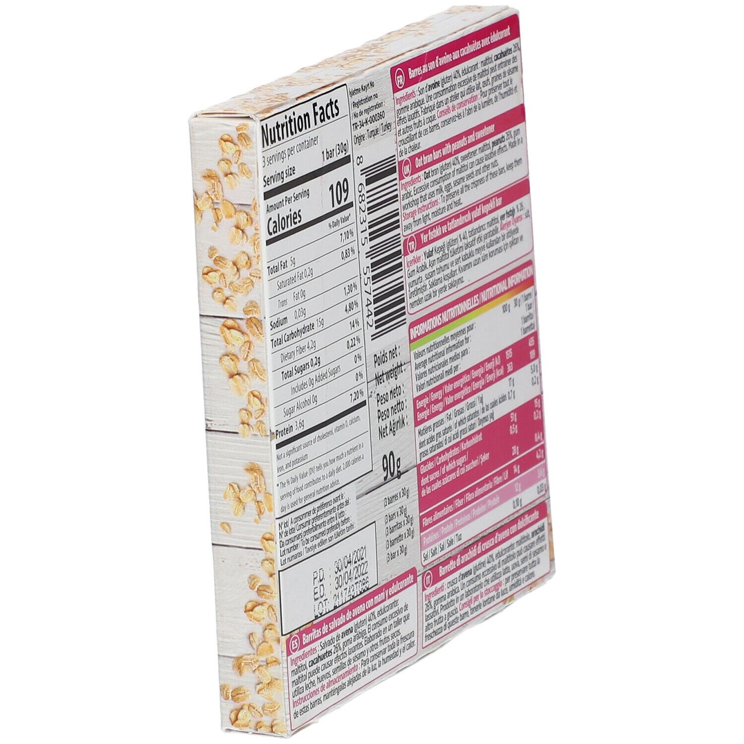 Achterkant van de Dukan pinda reep verpakking. Voedingswaarde, ingrediëntenlijst, houdbaarheidsdatum. Gewicht: 90g.
