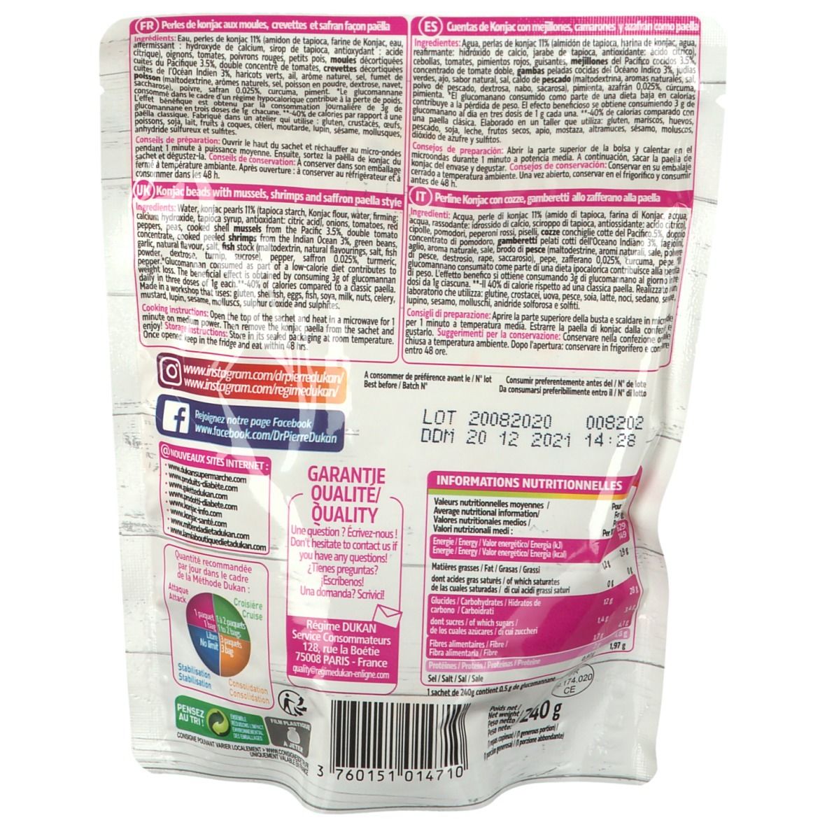 Achterkant van de verpakking Dukan Konjak-Paella. Tekstinformatie, voedingswaarde, QR-code, barcode en logo.