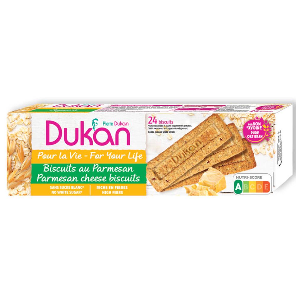 Dukan Parmesankekse-verpakking. 24 koekjes. Opschrift: "Sans sucre blanc". Met Parmezaanse kaas. Rijk aan vezels.