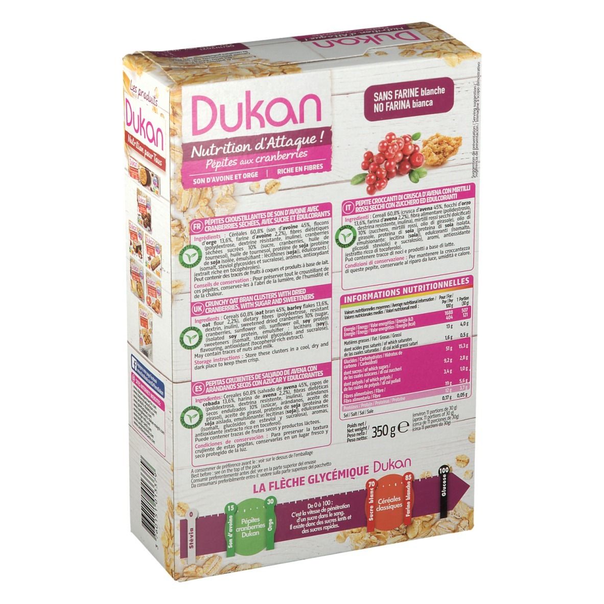 Rückseite der Dukan-Verpackung. Text: Nutrition d'Attaque, Nährwertangaben, 350g. Enthält Informationen zu Inhaltsstoffen und Nährwerten.